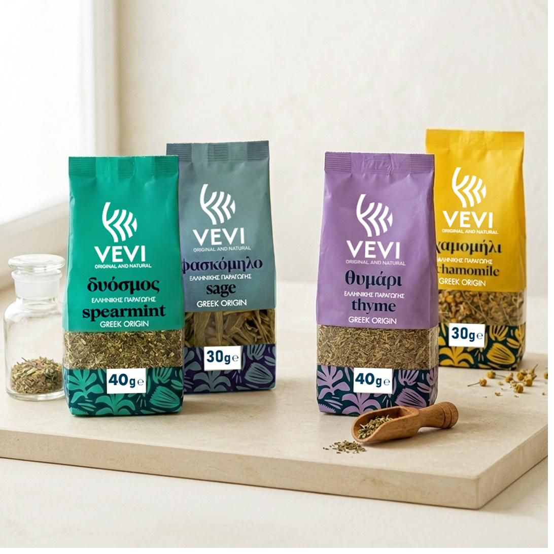 VEVI Greek herb sachets — peppermint, sage, thyme and chamomile