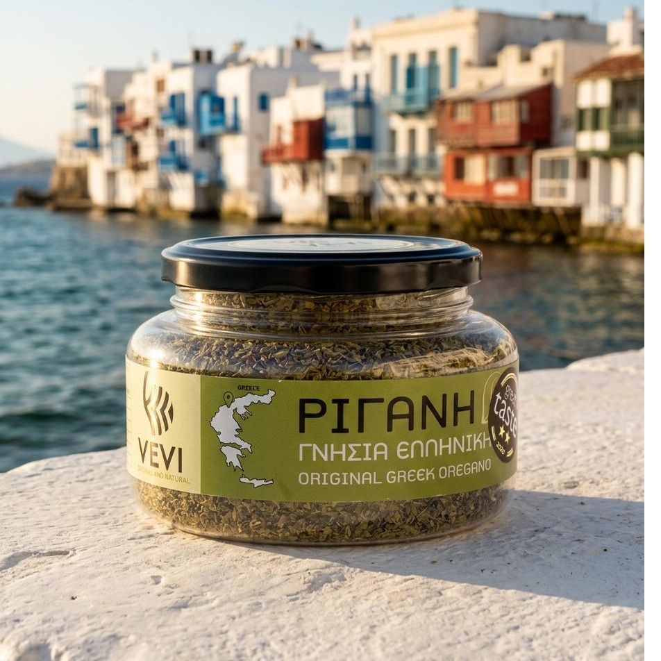 VEVI CHEF oregano jar with the Aegean sea in the background
